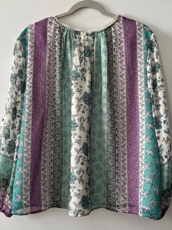 Loft Womens Multicolor Floral Stripe Scalloped Neck Peasant Blouse Top Size XL - Picture 2 of 10